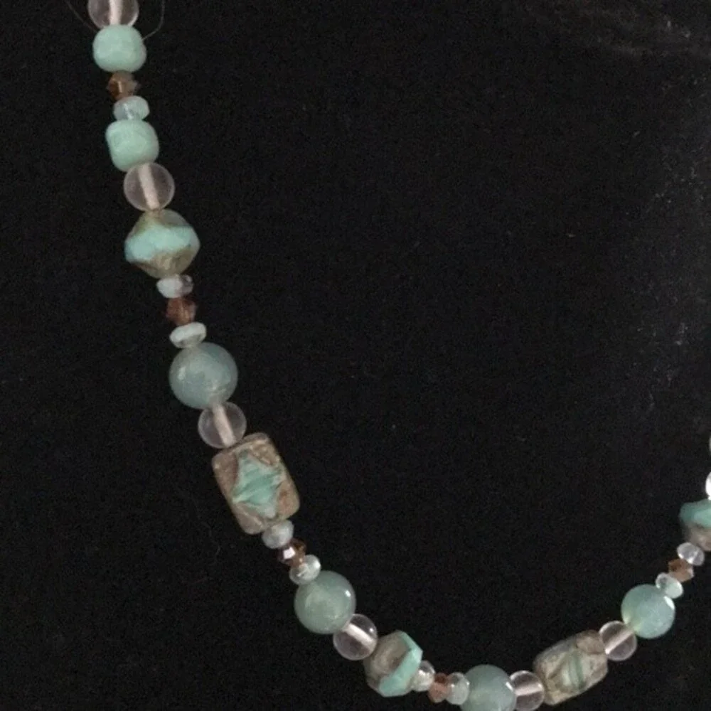 Vintage Handmade Teal Amazonite Rock Crystal Beads Swarovski Sterling Necklace